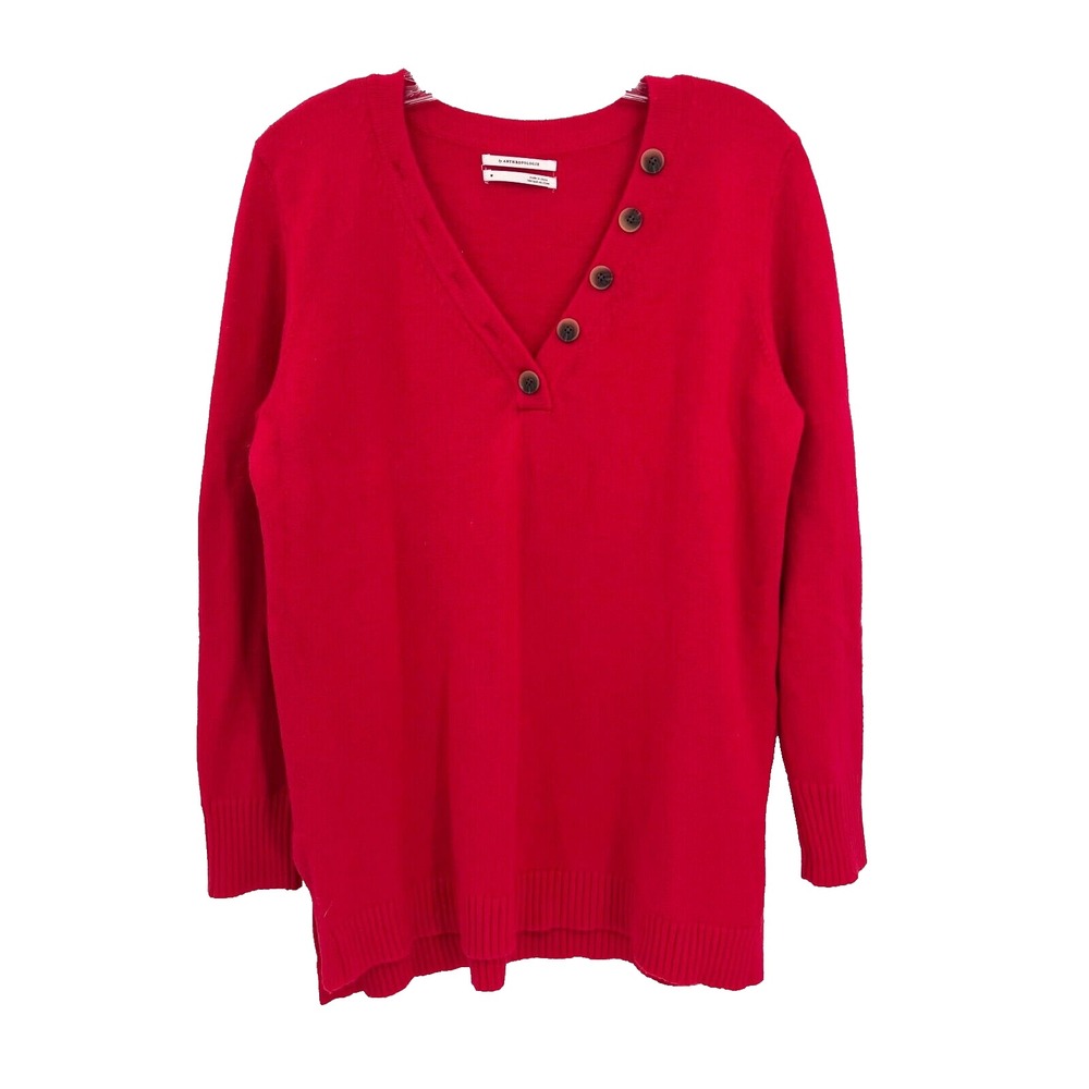 ANTHROPOLOGIE Women's Sz M Rhubarb Red V-Neck Button Accent Serena Knit Sweater